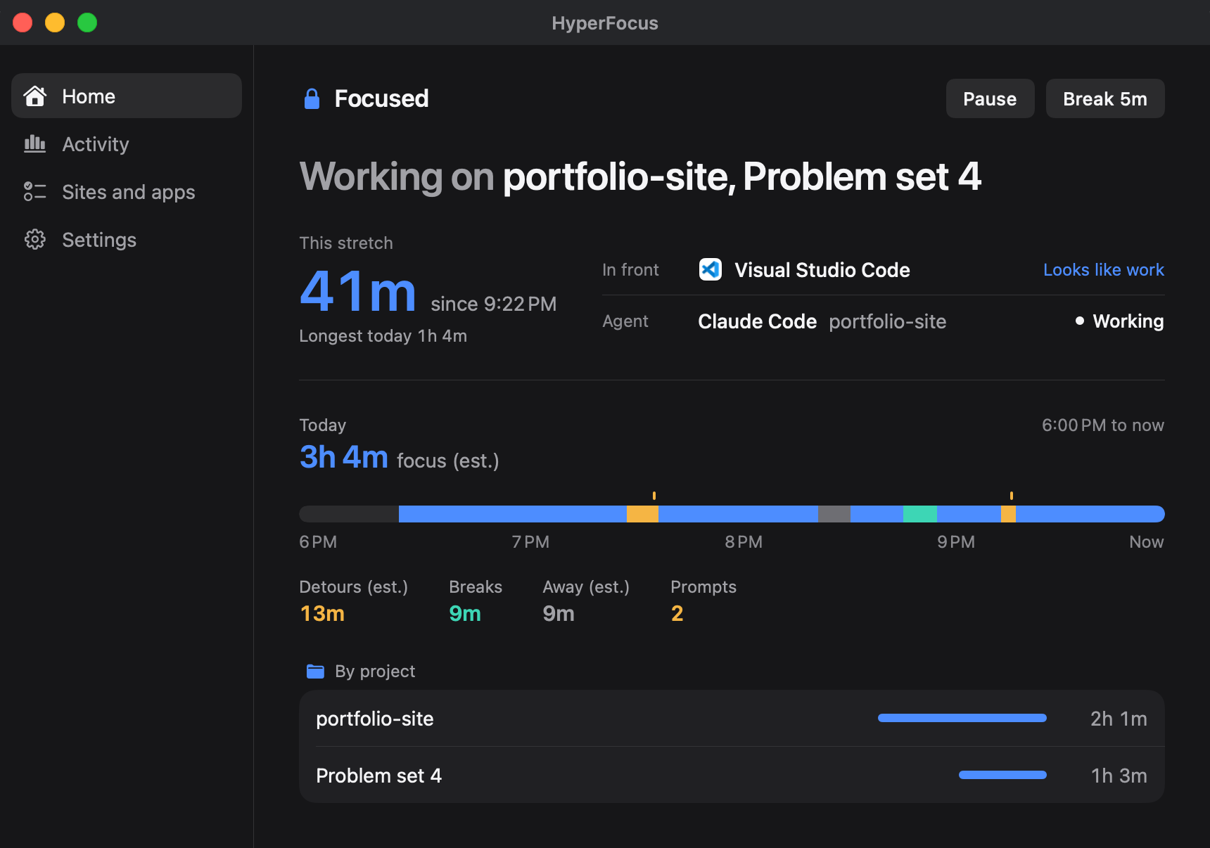 The HyperFocus window on Home: focused, working on portfolio-site and Problem set 4, with this stretch of focus, today's time and focus by project.