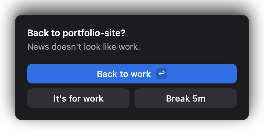 The News app dimmed under the HyperFocus prompt: Back to portfolio-site?, with Back to work, It's for work and Break.