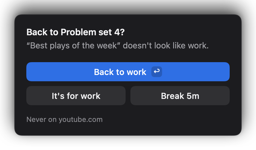 A video page in a browser tab, dimmed under the HyperFocus prompt: Back to Problem set 4?, with Back to work, It's for work and Break.